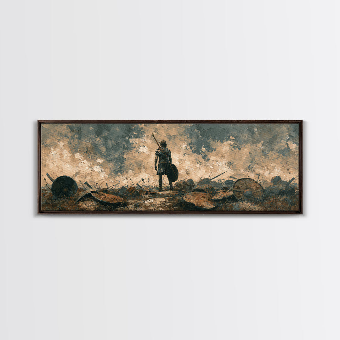 Solitary Warrior On Stormy Battlefield Canvas Print, Historical Wall Art, Moody Office Decor, Dark Academia Gift For Him