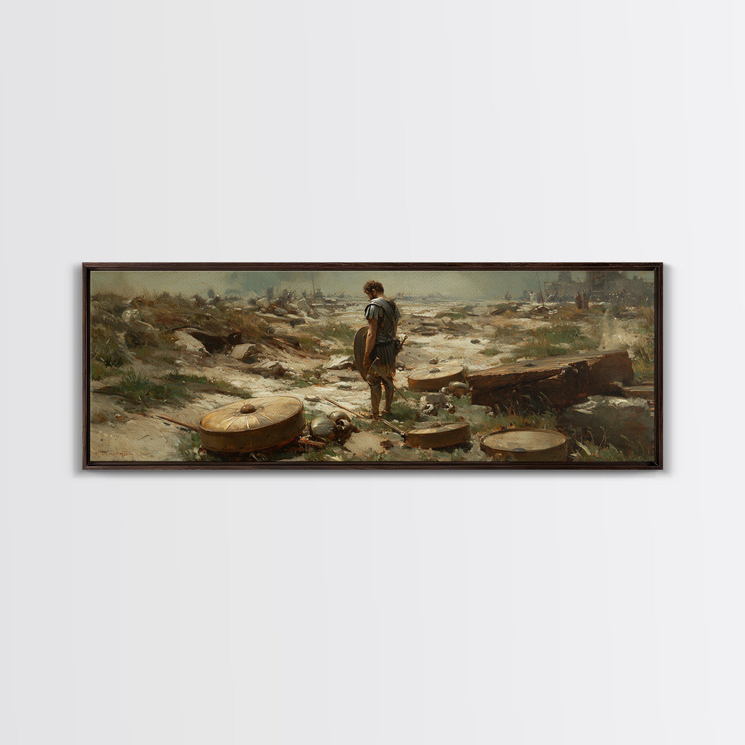 Lone Ancient Warrior Among Shields Wall Art, Roman Battlefield Canvas Print, Historical Decor, Classical Fine Art Prints