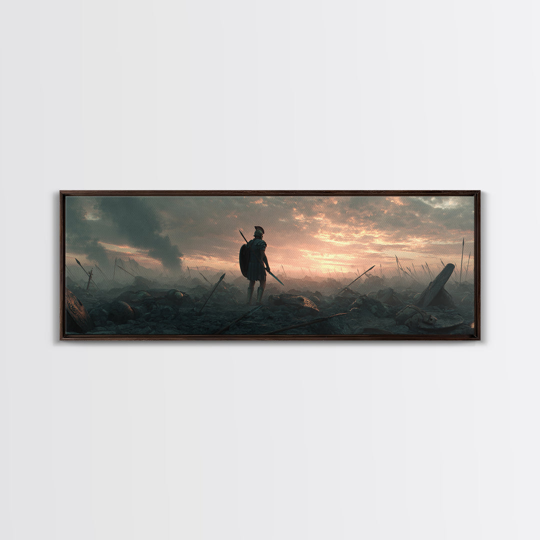 Lone Warrior On Smoky Battlefield Wall Art, Dark Fantasy Canvas, Epic Medieval Landscape, Dramatic Living Room Decor, Above Sofa Decor