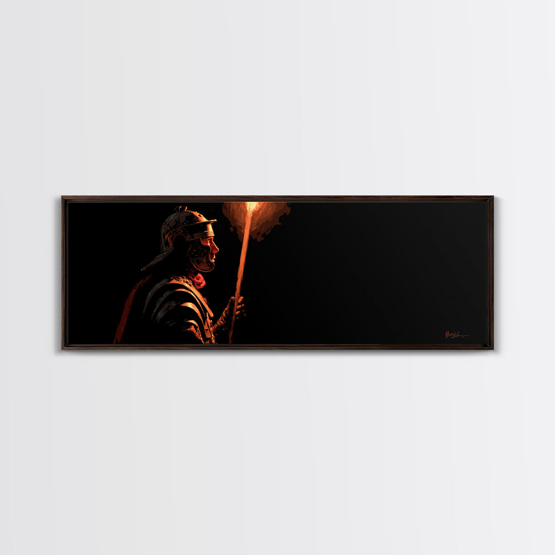Roman Torch Bearer In Black Canvas Print, Ancient Warrior Wall Art, Dramatic Historical Decor, Masculine Man Cave Gift Print