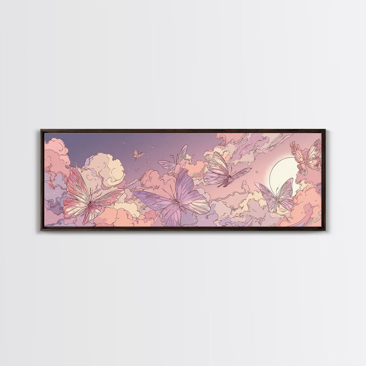 Pink Butterfly Cloudscape Wall Art, Whimsical Celestial Canvas Print, Pastel Nursery Decor, Magical Girls Room Artwork Gift