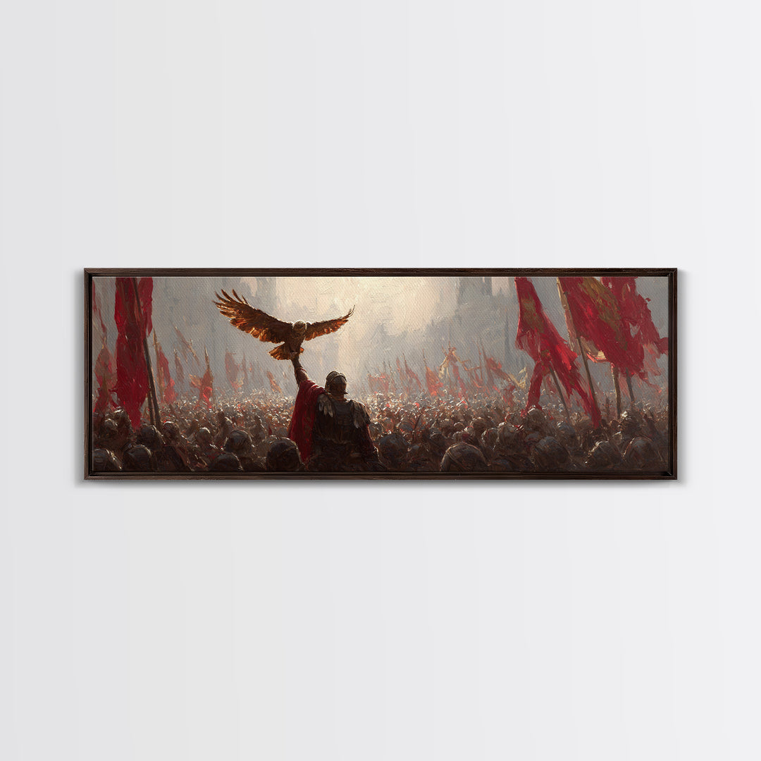 Warrior Raising Eagle Above Red Banners Framed Canvas Print, Epic Battlefield Wall Art, Historical Army Decor Gift For Him