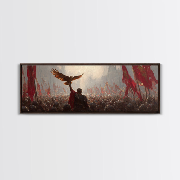 Warrior Raising Eagle Above Red Banners Framed Canvas Print, Epic Battlefield Wall Art, Historical Army Decor Gift For Him