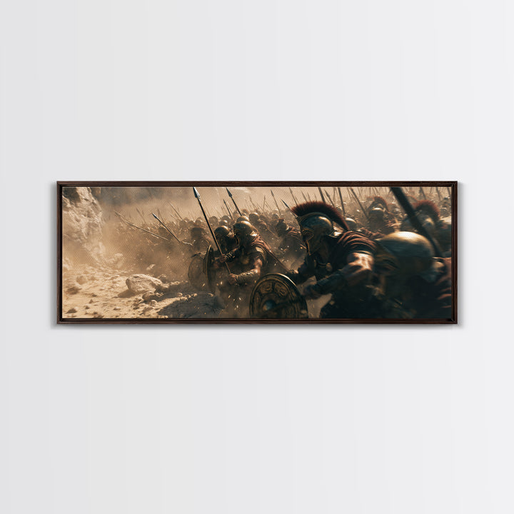 Spartan Phalanx Charging Through Dust Wall Art, Ancient Greek Battle Canvas, Historical Warrior Decor, Dramatic Man Cave Print