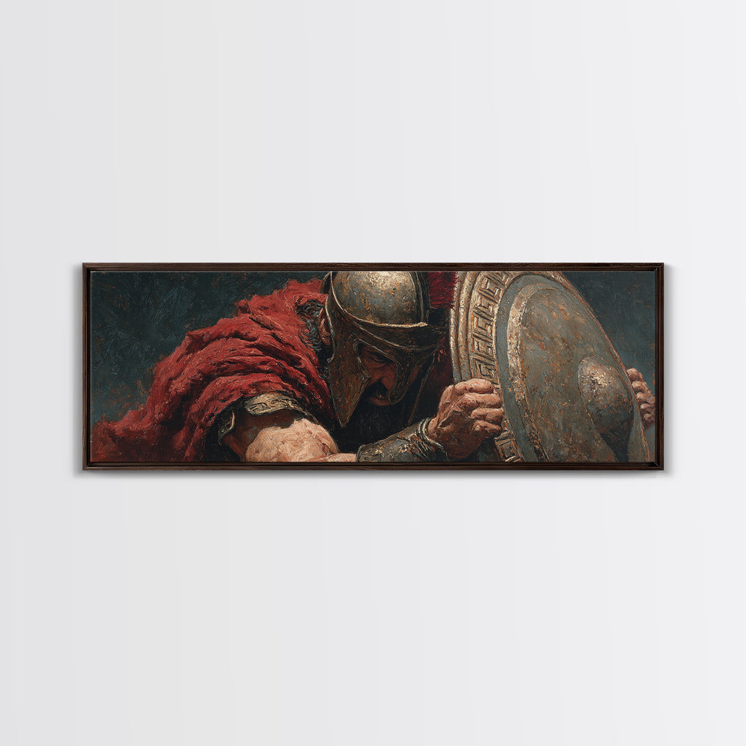 Spartan Warrior With Shield Wall Art, Greek Battle Canvas Print, Dark Masculine Historical Decor For Office And Living Room