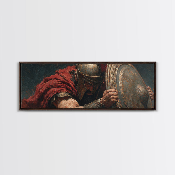 Spartan Warrior With Shield Wall Art, Greek Battle Canvas Print, Dark Masculine Historical Decor For Office And Living Room