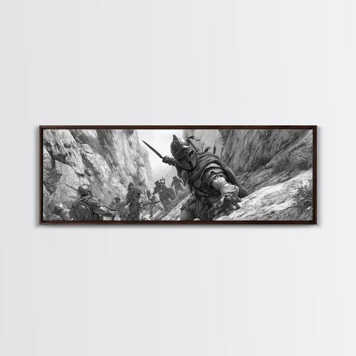 Black And White Canyon Ambush Wall Art, Medieval Warrior Canvas Print, Historic Battle Illustration, Masculine Decor, Office Wall Art