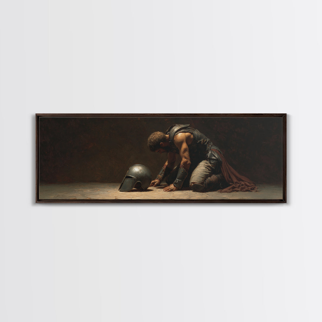 Kneeling Gladiator With Helmet Framed Canvas Print, Dark Academia Wall Art, Classical Warrior Decor, Gift For Him, Office Decor