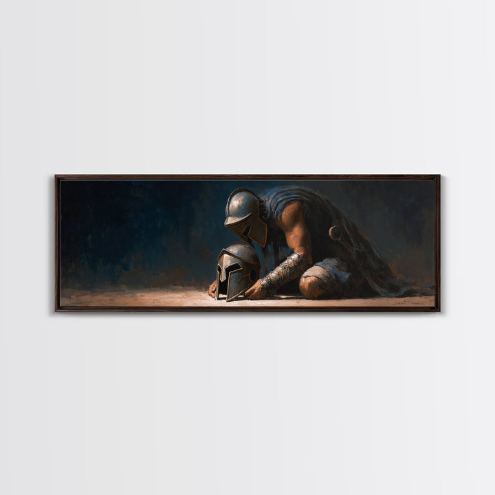 Kneeling Ancient Warrior With Battle Helmets Framed Canvas Print, Dark Fantasy Wall Art For Man Cave Office Decor, Gift For Him