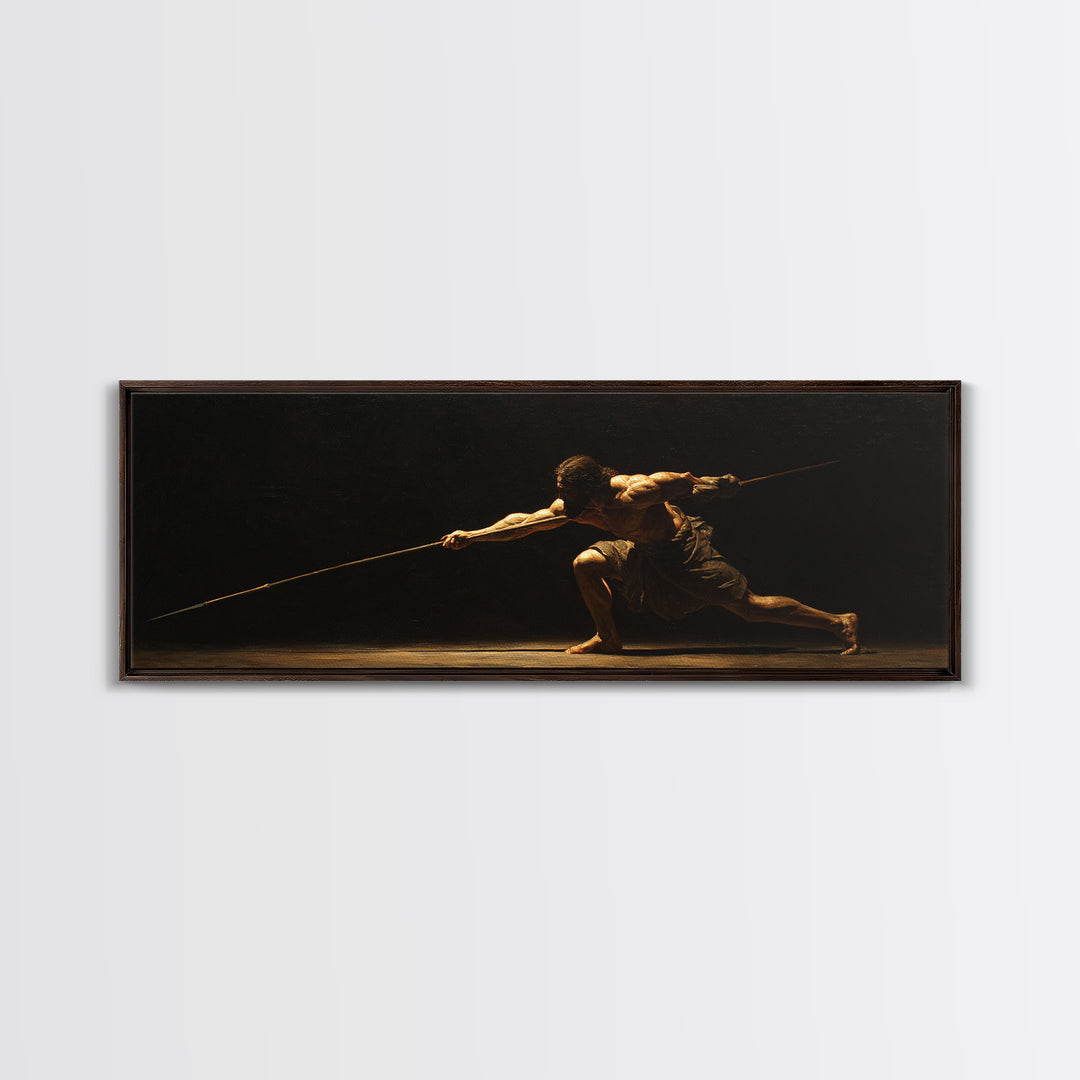 Spear Warrior In Dramatic Shadow Framed Canvas Print, Ancient Fighter Wall Art, Black And Gold Decor, Masculine Office Gift