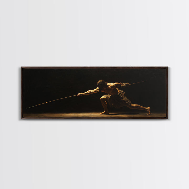 Spear Warrior In Dramatic Shadow Framed Canvas Print, Ancient Fighter Wall Art, Black And Gold Decor, Masculine Office Gift