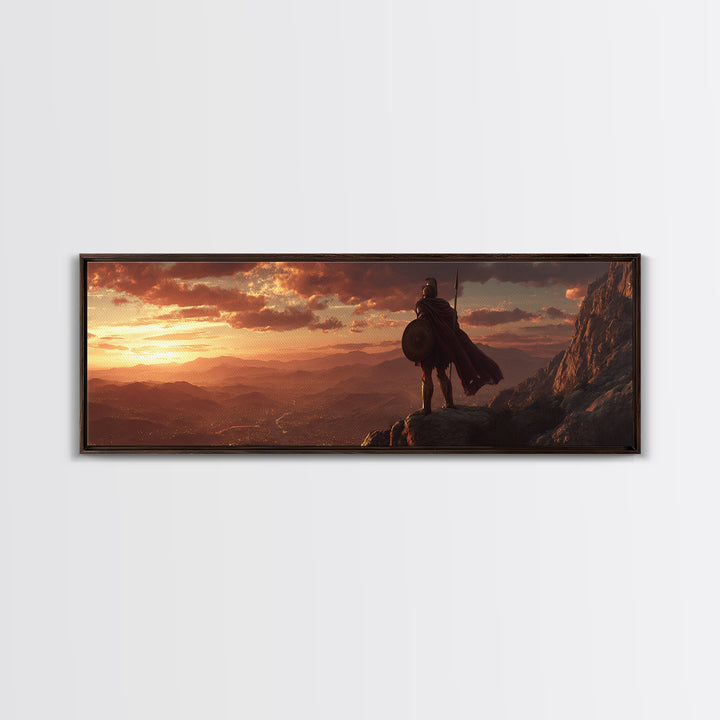 Lone Warrior Over Mountain Valley Sunset Wall Art, Epic Fantasy Landscape, Medieval Adventure Decor, Panoramic Canvas Print