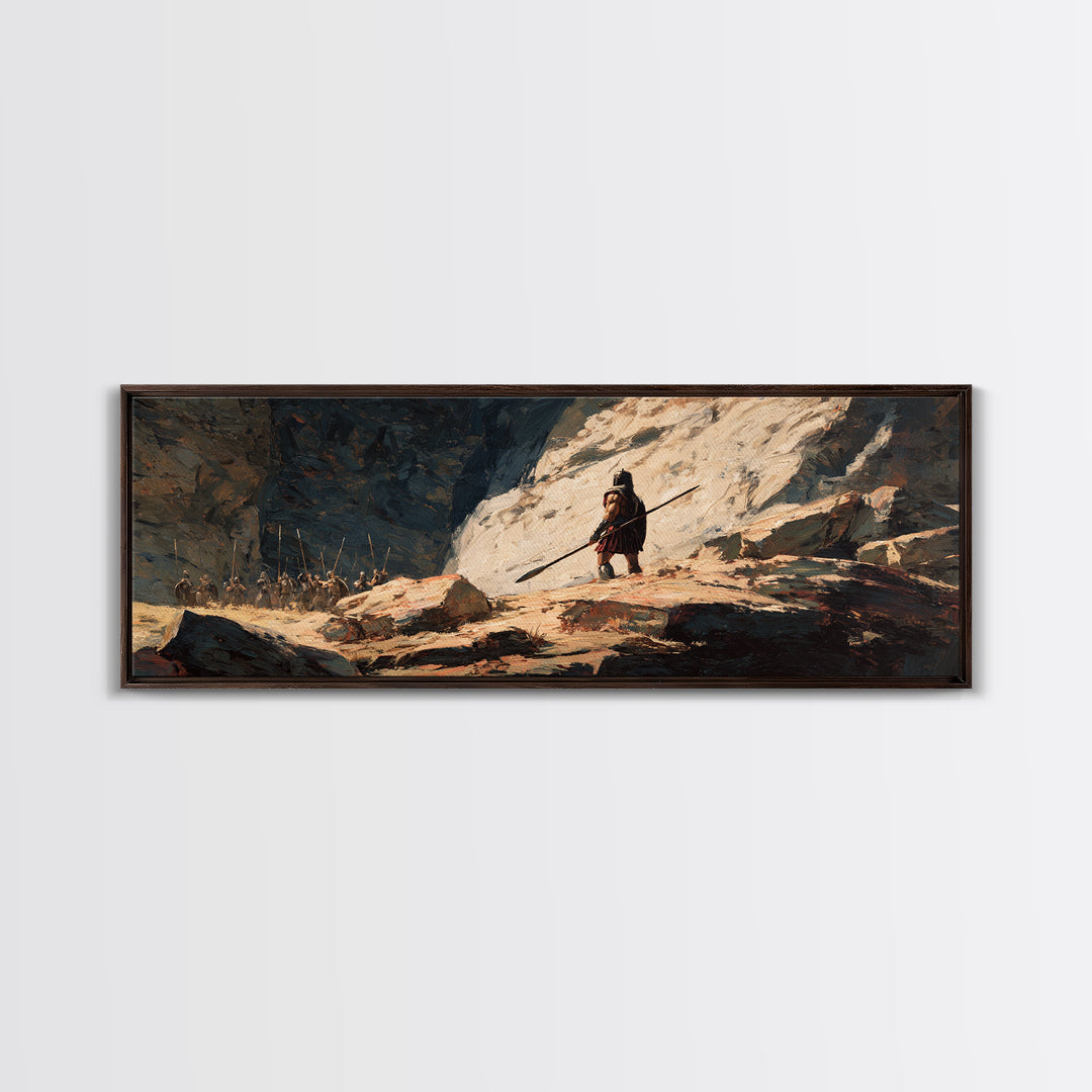 Lone Warrior In Snowy Mountain Pass Canvas Print, Ancient Battle Landscape, Fantasy Wall Art, Rustic Masculine Decor, Large Horizontal Art