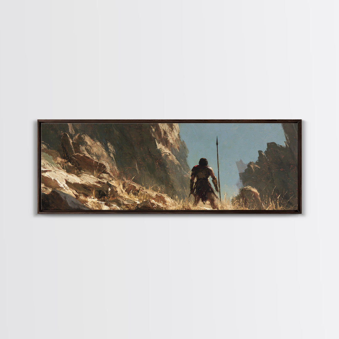 Warrior Crossing Rocky Canyon Wall Art, Ancient Fantasy Landscape Canvas Print, Desert Adventure Decor, Masculine Gift For Him