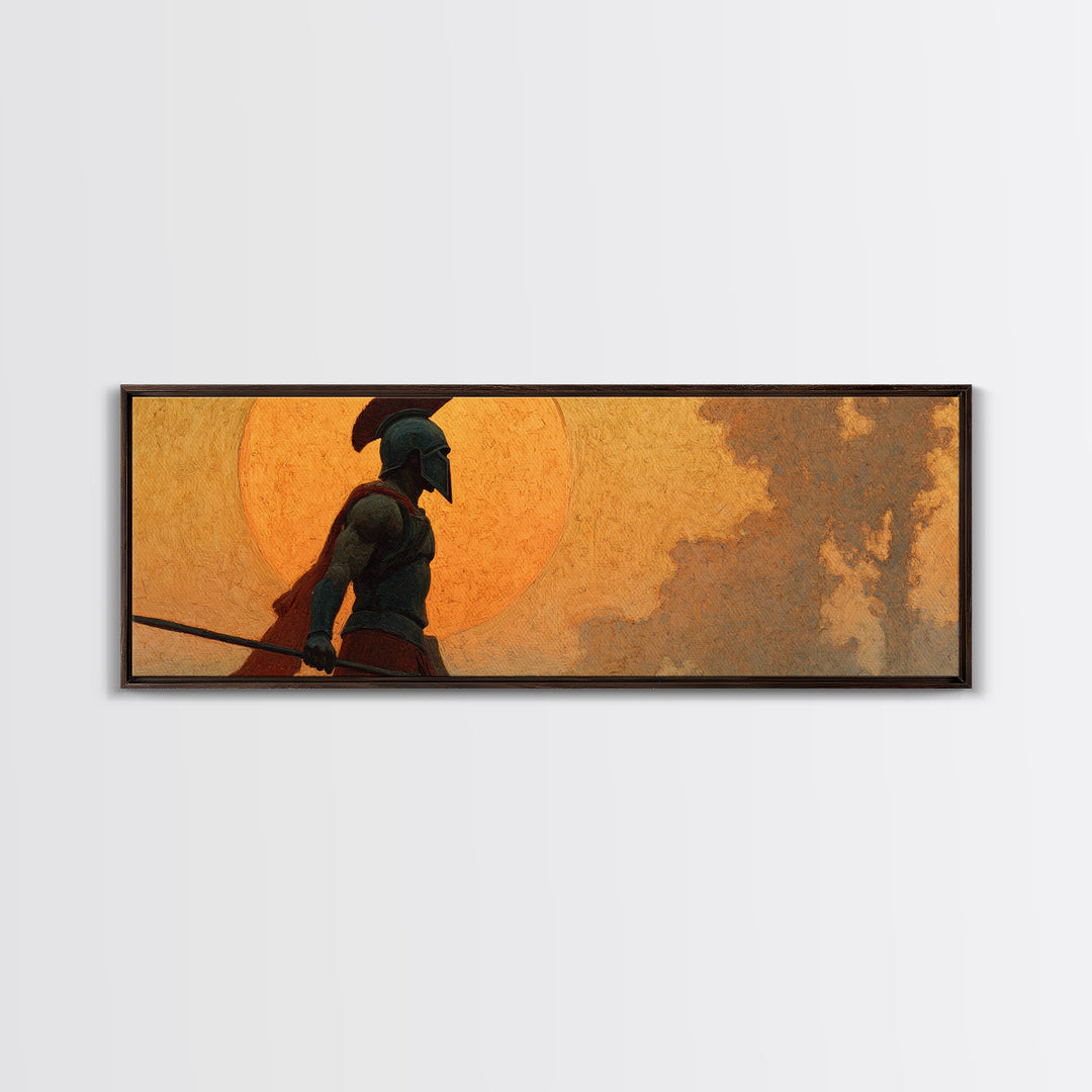 Ancient Greek Warrior Silhouette Wall Art, Spartan Spear Canvas Print, Mythology Decor, Masculine Office Art, Gift For Him