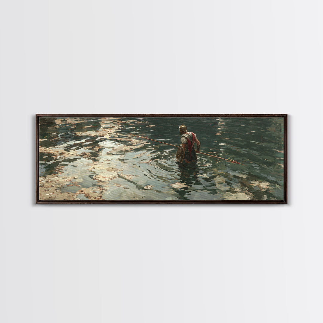 Armored Warrior Wading Through Reflective Water Wall Art, Ancient Spear Soldier, Moody Seascape Decor, Canvas Print Gift