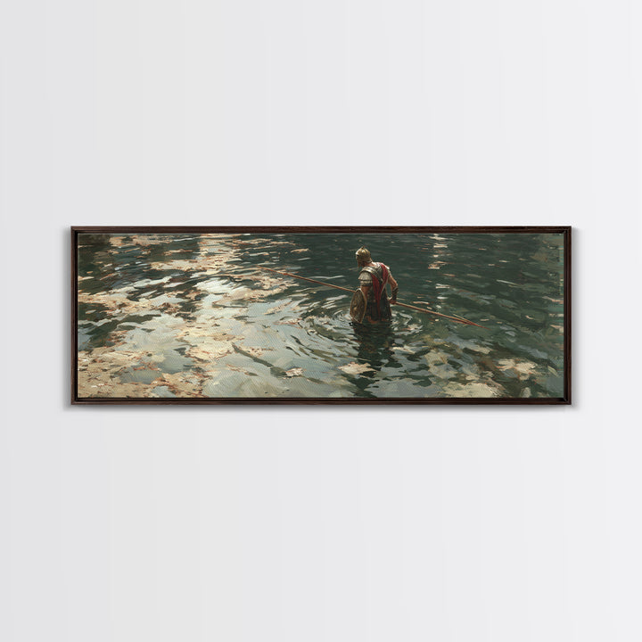 Armored Warrior Wading Through Reflective Water Wall Art, Ancient Spear Soldier, Moody Seascape Decor, Canvas Print Gift