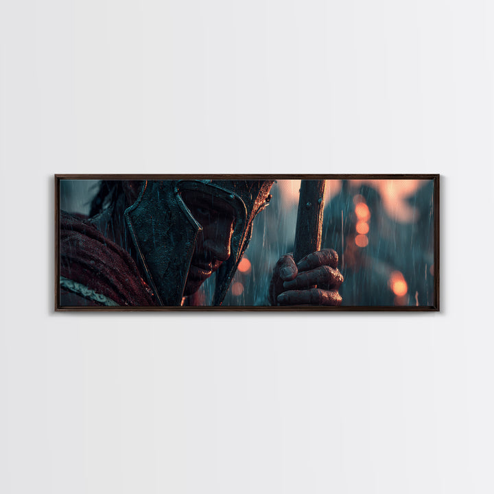 Rain Soaked Armored Warrior Portrait Wall Art, Cinematic Fantasy Canvas Print, Dark Battle Decor, Masculine Office Poster