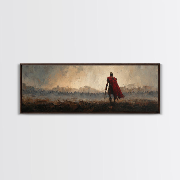 Roman Warrior In Red Cape Over Ancient City Canvas Print, Classical Wall Art, Masculine Office Decor, Historical Gift For Him