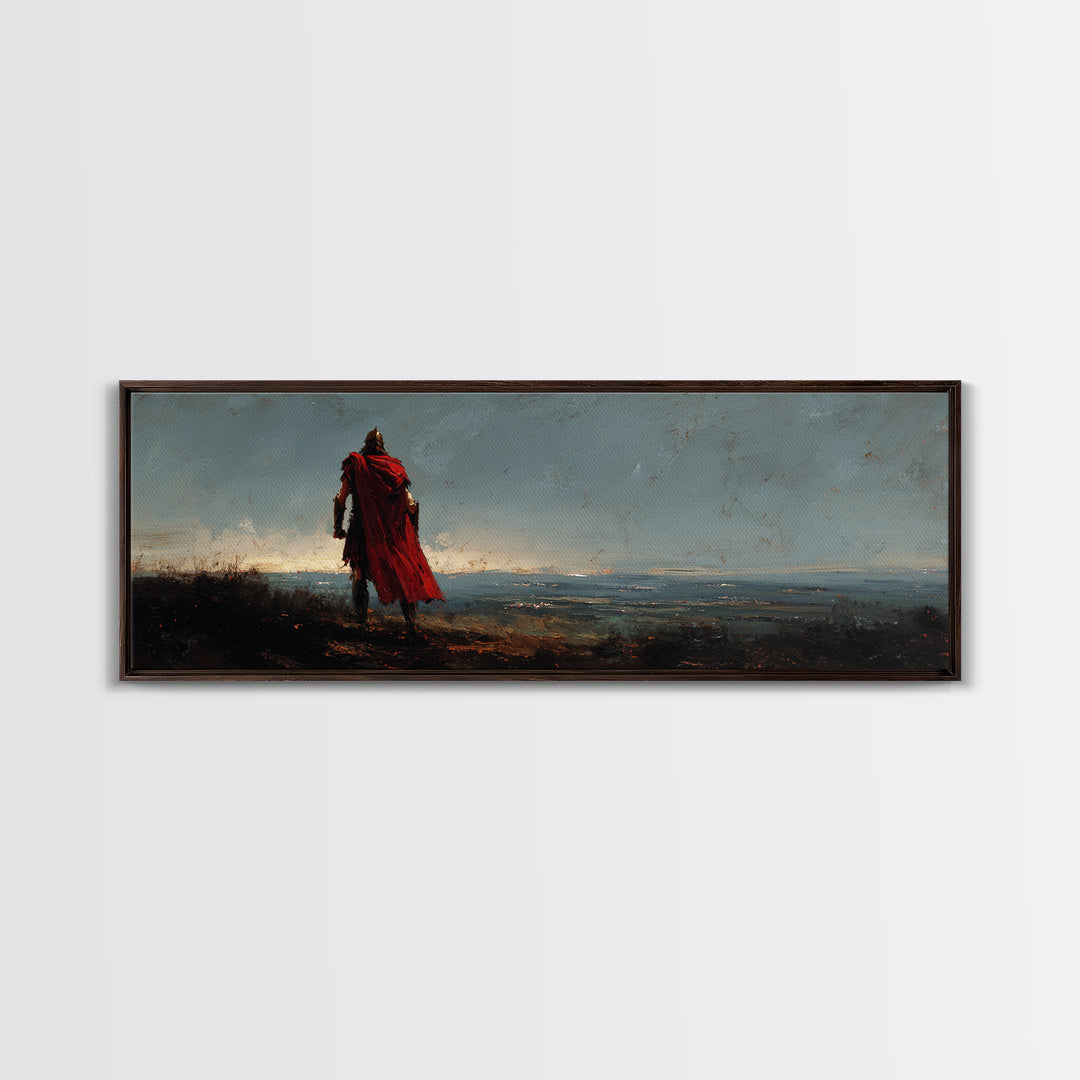 Lone Warrior In Red Cloak Wall Art, Epic Fantasy Landscape Canvas Print, Moody Medieval Decor, Statement Artwork, Gift For Him