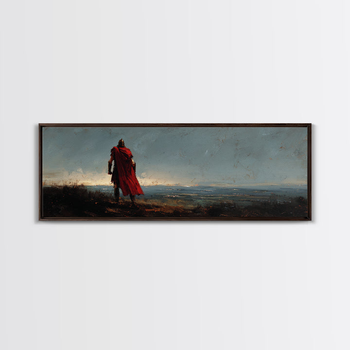 Lone Warrior In Red Cloak Wall Art, Epic Fantasy Landscape Canvas Print, Moody Medieval Decor, Statement Artwork, Gift For Him