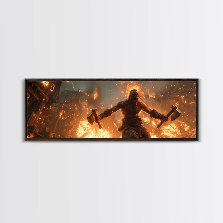 Viking Berserker With Twin Axes Wall Art, Burning Village Battle Scene, Norse Warrior Decor, Dark Fantasy Canvas Print, Large Art