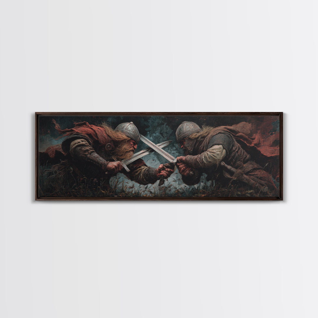 Viking Duel With Crossed Swords Framed Canvas Print, Dark Fantasy Wall Art, Medieval Warrior Decor, Man Cave Art, Gift For Him
