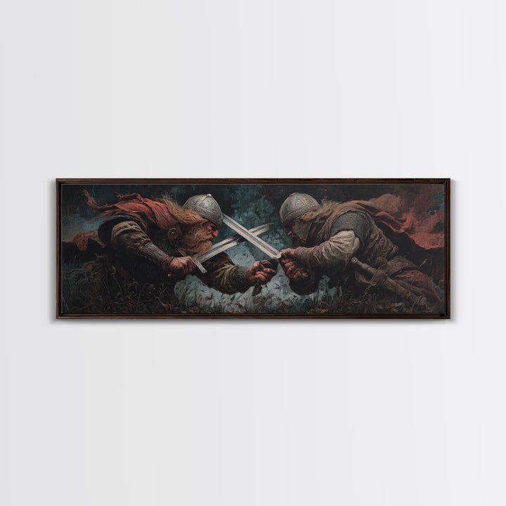 Viking Duel With Crossed Swords Framed Canvas Print, Dark Fantasy Wall Art, Medieval Warrior Decor, Man Cave Art, Gift For Him