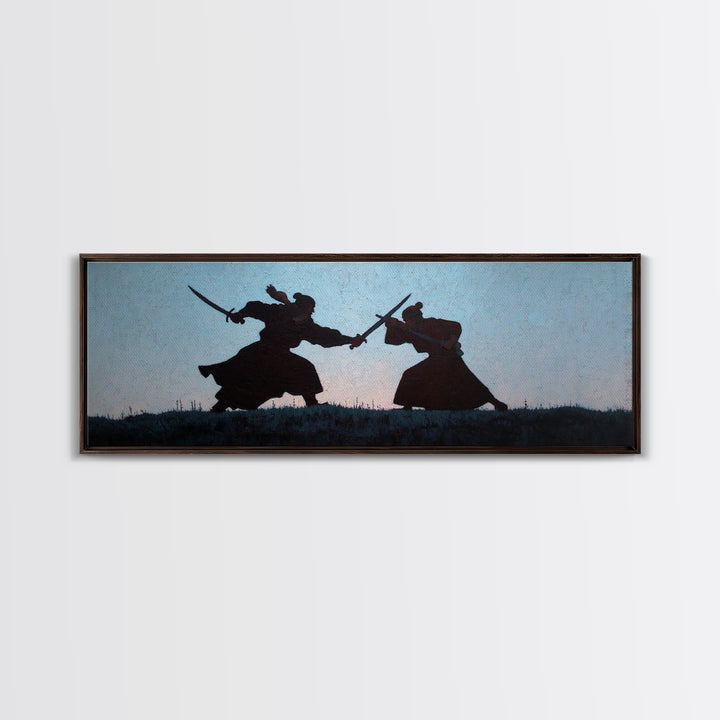 Samurai Duel Silhouette Wall Art, Japanese Warrior Canvas Print, Minimal Black And White Decor For Office And Living Room