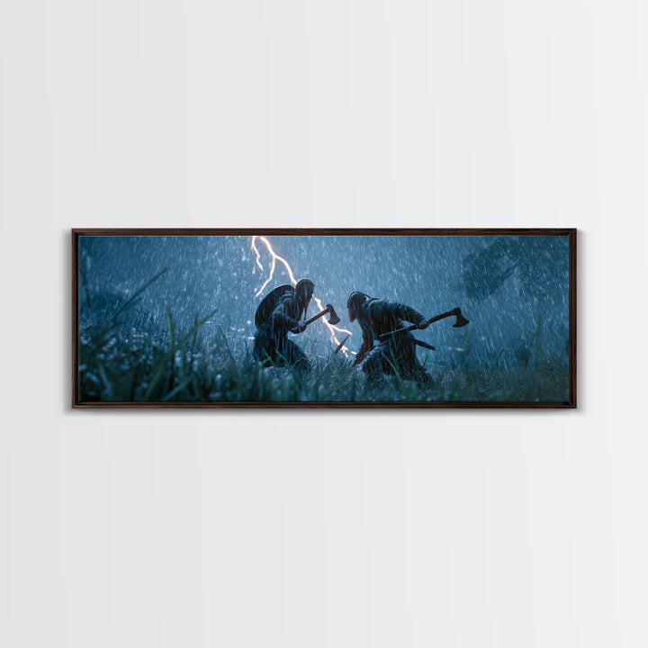 Viking Warriors In Lightning Rain Canvas Print, Dark Medieval Battle Wall Art, Stormy Fantasy Decor, Dramatic Game Room Decor