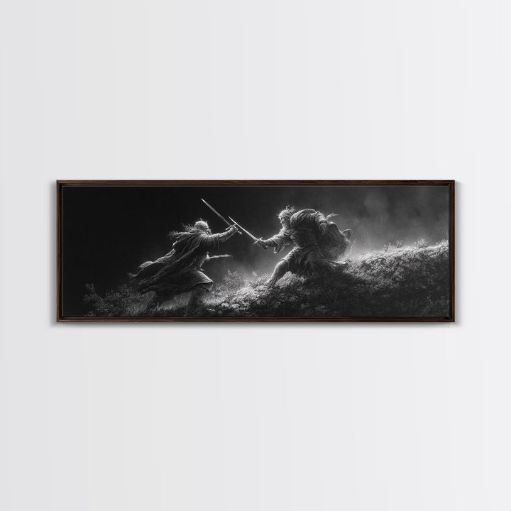 Black And White Warrior Duel Wall Art, Dark Fantasy Battle Print, Cinematic Viking Decor, Masculine Office, Gift For Him