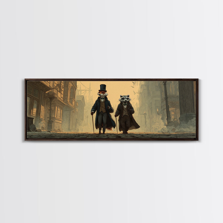 Dapper Fox And Raccoon Stroll Wall Art, Whimsical Animal Portrait, Victorian Street Fantasy Decor For Kids Room Canvas Print