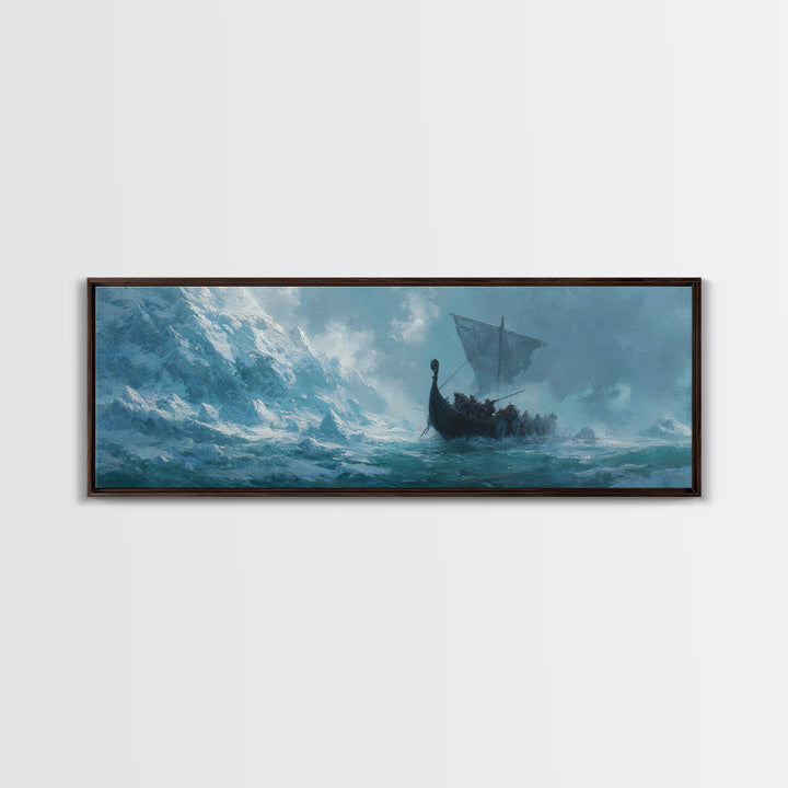 Viking Longship On Stormy Sea Wall Art, Nordic Ocean Seascape Painting, Nautical Living Room Decor, Adventure Gift For Him