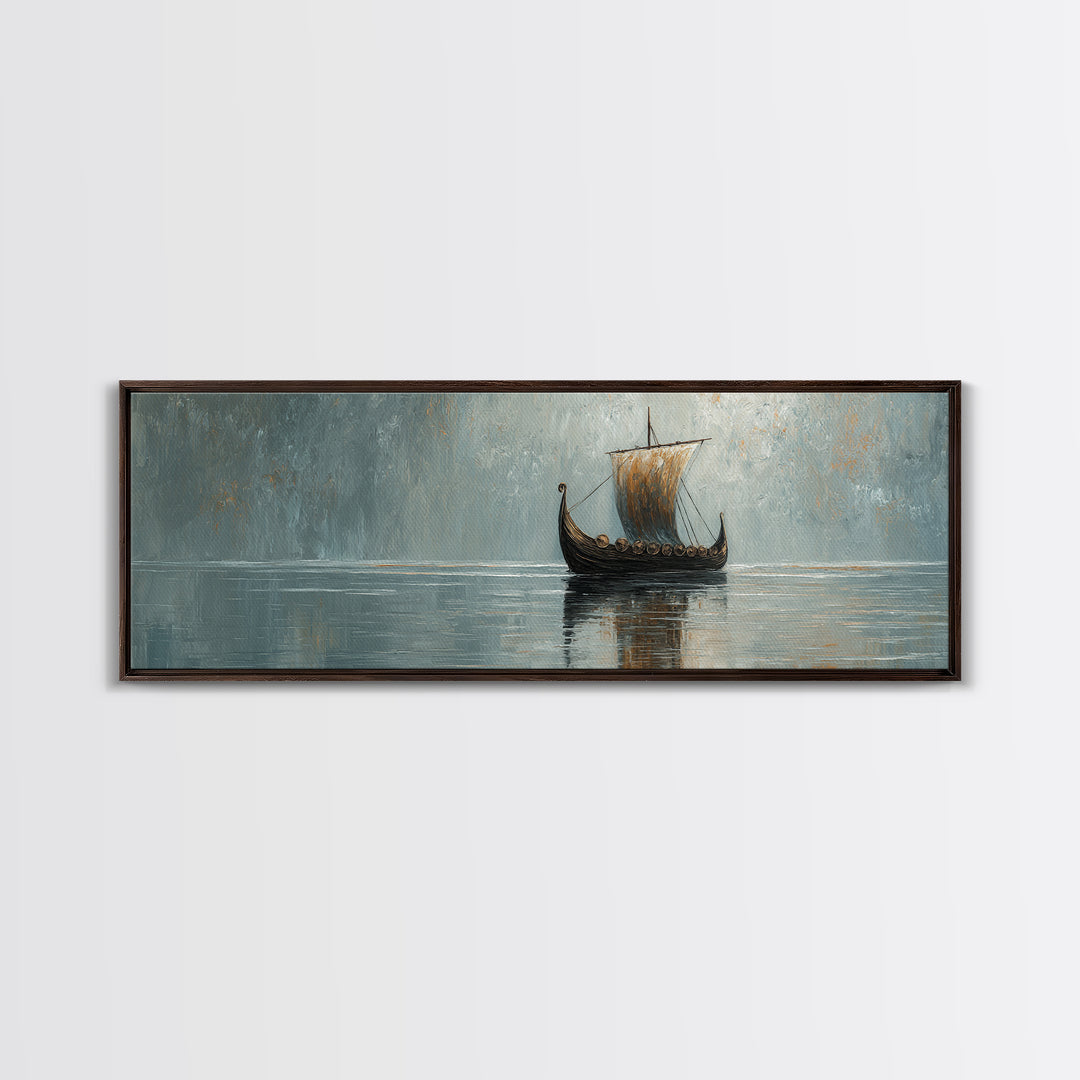 Viking Longship Sailing Through Misty Waters Canvas Print, Nautical Wall Art, Nordic Decor, Lake House Coastal Artwork Gift