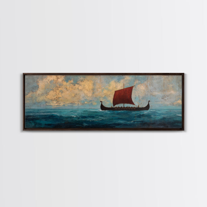 Viking Longship With Red Sail Canvas Print, Nautical Wall Art, Nordic Seascape Decor, Coastal Living Room Art, Ocean Wall Decor