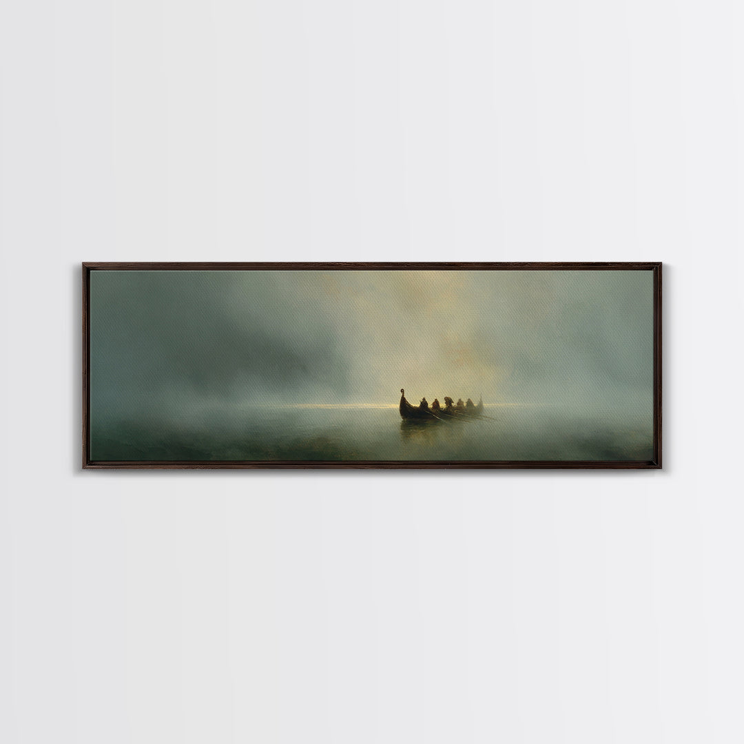 Misty Boat On Silent Lake Framed Canvas Print, Moody Seascape Wall Art, Serene Landscape Decor, Peaceful Home Gift Print