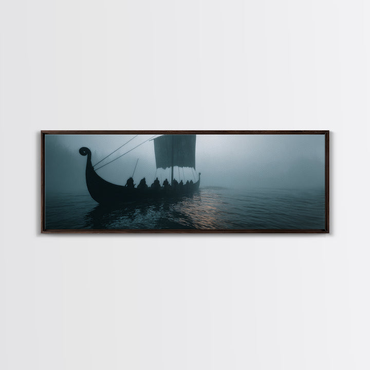 Viking Longship In Misty Waters Wall Art, Nordic Seascape Canvas Print, Nautical Coastal Decor, Moody Living Room Art Print