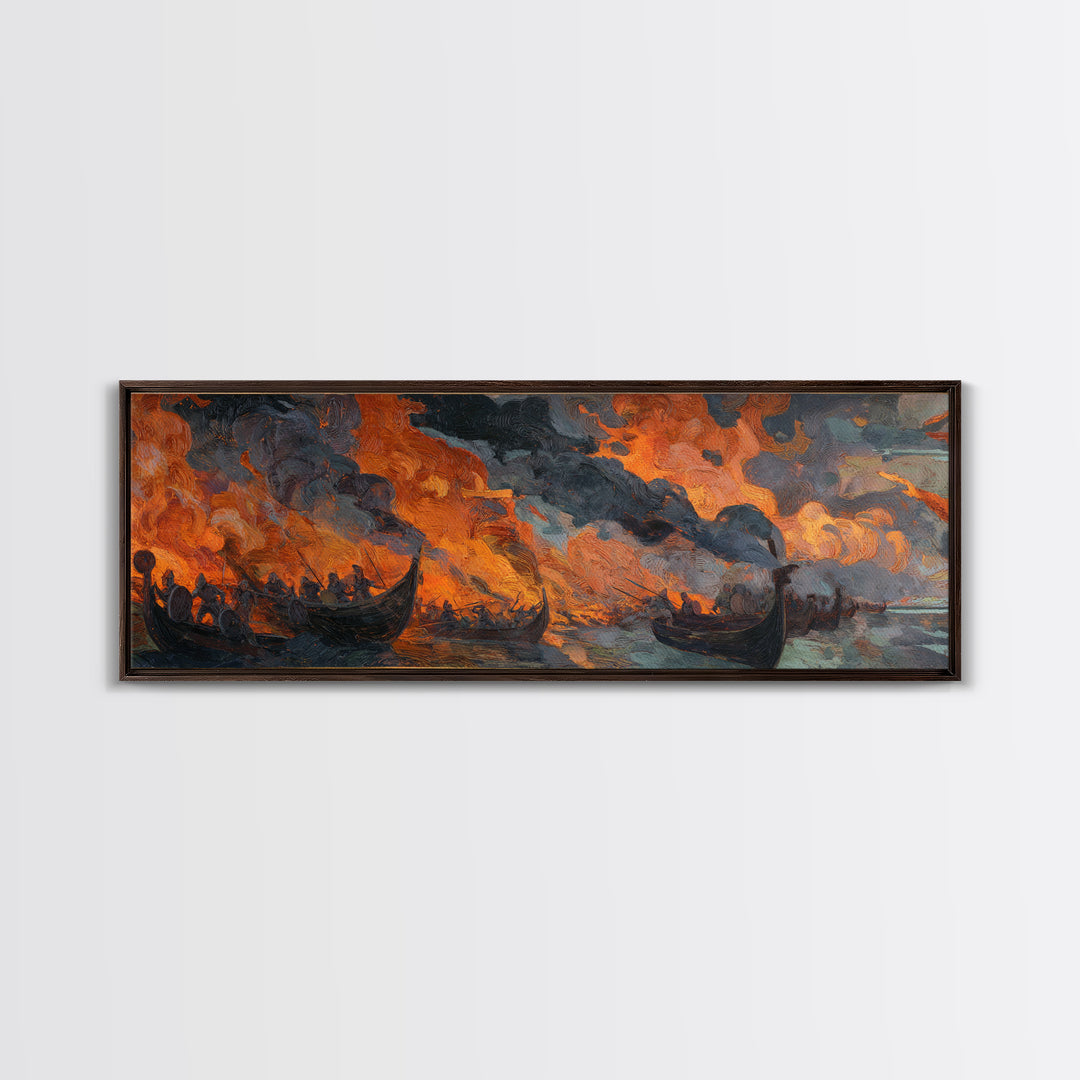 Burning Viking Longships Framed Canvas Print, Fiery Battle Seascape Wall Art, Norse Saga Decor, Dark Coastal Artwork For Men