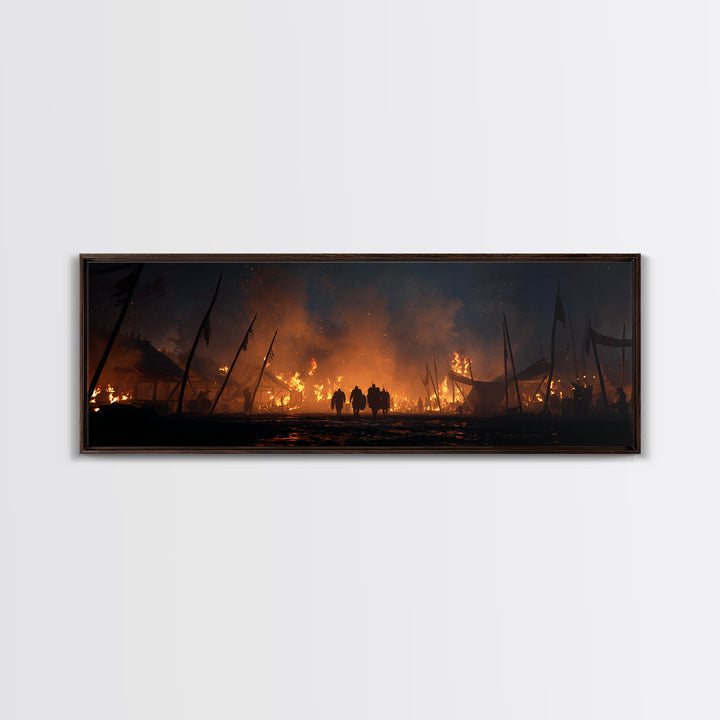 Burning Medieval Camp At Night Wall Art, Dark Fantasy Canvas Print, Fiery Battle Scene, Gothic Game Room Decor, Masculine Wall Decor