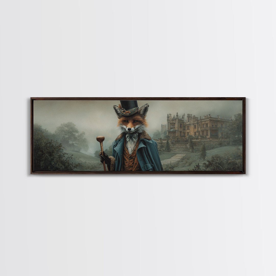 Victorian Fox Gentleman At Misty Manor Framed Canvas Print, Whimsical Animal Portrait, Dark Academia Country House Wall Art