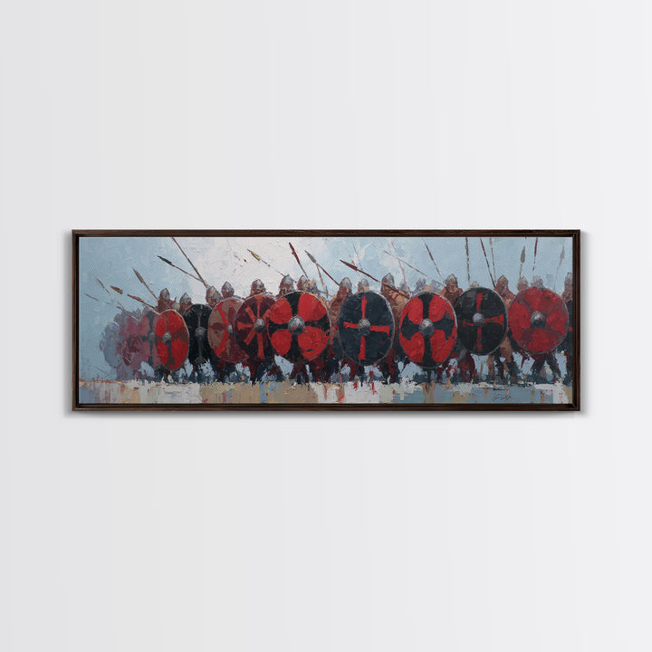 Red Shield Viking Army Framed Canvas Print, Norse Battle Wall Art, Medieval Warrior Decor, Large Horizontal Artwork For Him