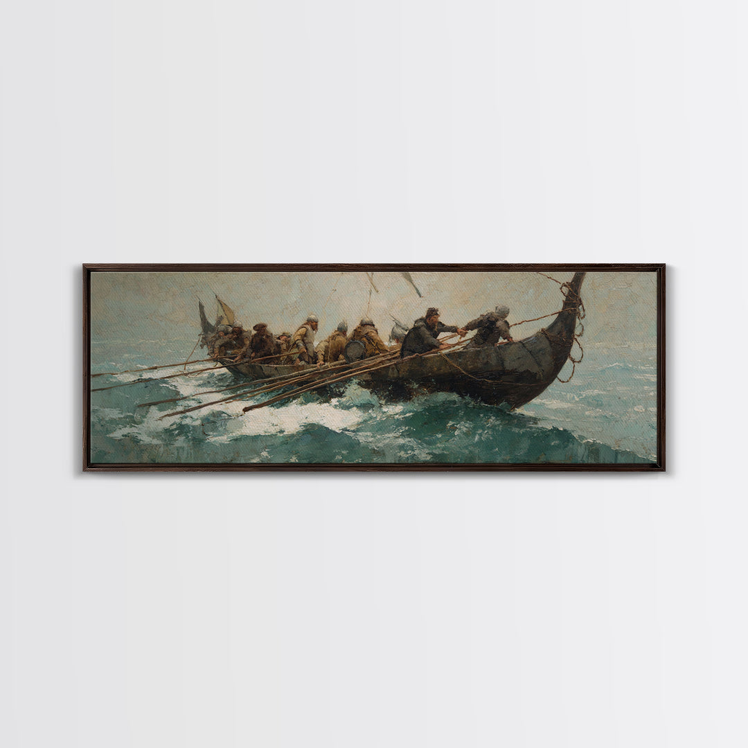 Viking Longboat Battling Turquoise Sea Wall Art, Nautical Canvas Print, Norse Warrior Decor, Coastal Historical Art For Men