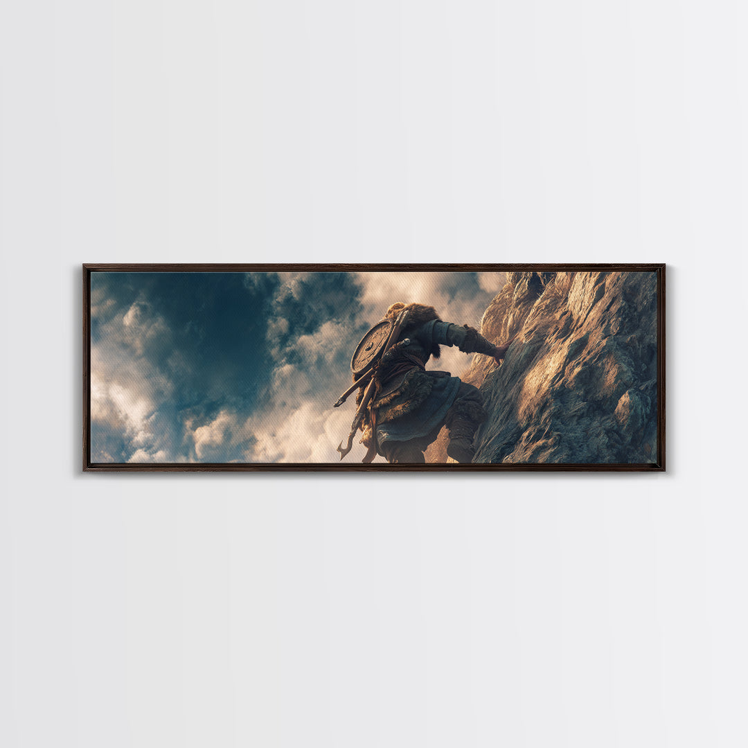 Viking Climber Scaling Sheer Cliff Wall Art, Adventure Fantasy Canvas Print, Nordic Landscape Decor, Gift For Him, Office Poster
