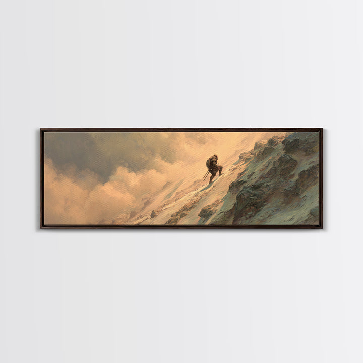 Lone Mountaineer On Snowy Cliff Wall Art, Epic Fantasy Landscape Canvas, Mountain Adventure Decor For Office And Man Cave