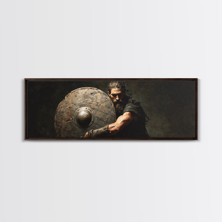 Dark Viking Warrior With Weathered Shield Wall Art, Norse Battle Portrait, Masculine Office Decor, Gothic Man Cave Decor Gift
