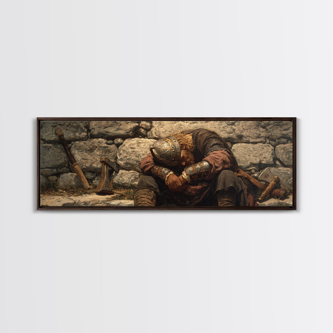 Weary Viking Resting By Stone Wall Framed Canvas Print, Norse Warrior Art, Rustic Medieval Decor, Dark Academia Gift Print