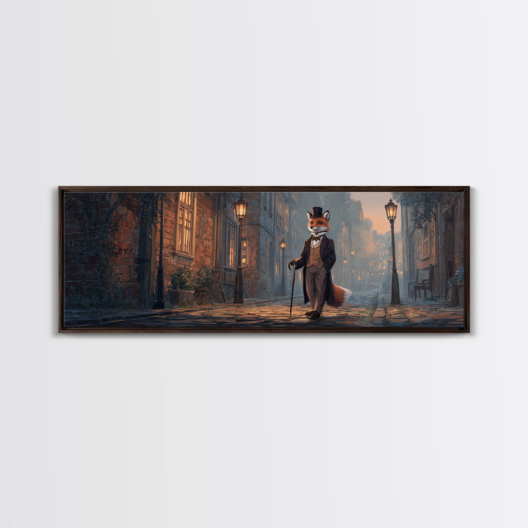 Top Hat Fox On Gaslit Cobblestone Street Wall Art, Whimsical Animal Portrait Canvas, Victorian Kids Room Nursery Decor Print
