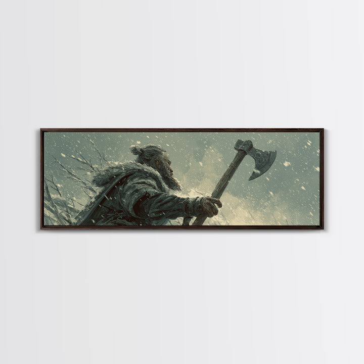 Snowy Viking Warrior With Battle Axe Wall Art, Dark Fantasy Winter Canvas Print, Nordic Masculine Office And Cabin Decor