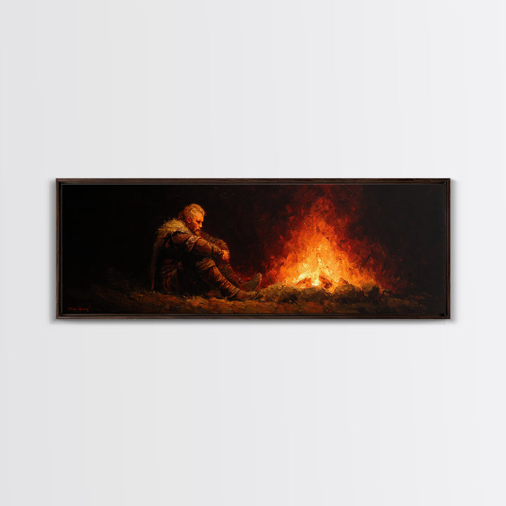 Lonely Traveler Campfire Canvas Print, Dark Fantasy Wall Art, Moody Wilderness Decor, Survival Poster, Rustic Cabin Gift