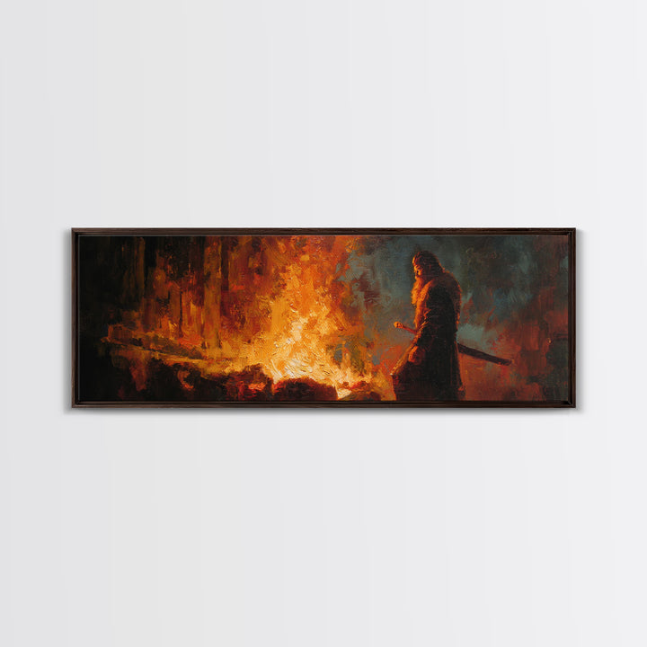 Warrior Watching Burning City Canvas Print, Dark Fantasy Fire Painting Wall Art, Moody Gothic Decor For Office Or Man Cave